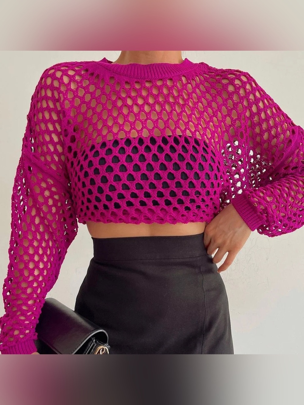 Women's New Adora Fuschia Crochet Crop Top Crew Neck Long Sleeve Knit SZ L
